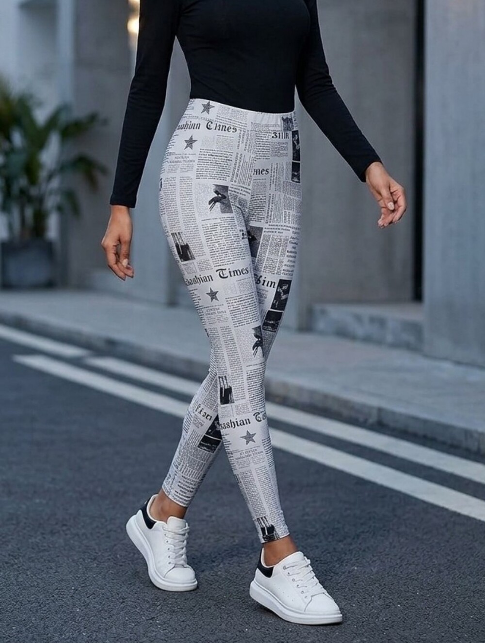 Kardashian Kollection Newspaper Print High-Waist Leggings - Black & White